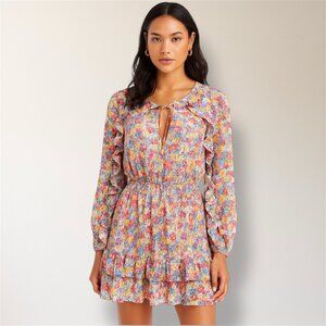 ZARA Pink Floral Ruffle Tiered Long Sleeve Mini Dress Boho Cottagecore Fairy L